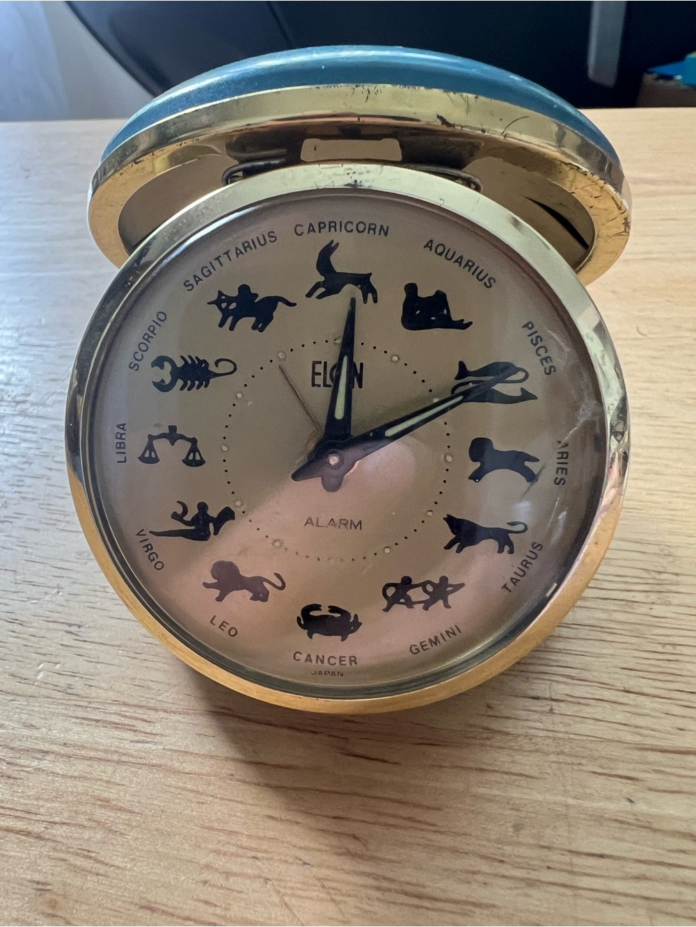 Zodiac Alarm Clock in Gold and Blue Vintage Wind-Up Travel Clock